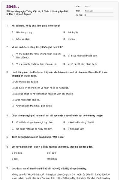 Bài tập hàng ngày Tiếng Việt lớp 4 Chân trời sáng tạo Bài 5: Một li sữa có đáp án