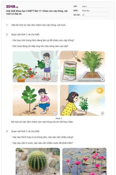 Giải SGK Khoa học 4 KNTT Bài 17: Chăm sóc cây trồng, vật nuôi có đáp án