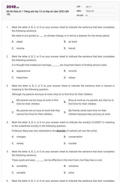 Đề thi Giữa kì 1 Tiếng anh lớp 12 có đáp án năm 2023 (Đề 10)