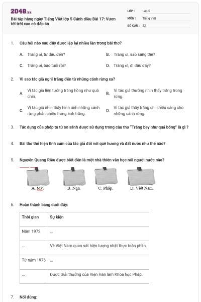 Bài tập hàng ngày Tiếng Việt lớp 5 Cánh diều Bài 17: Vươn tới trời cao có đáp án