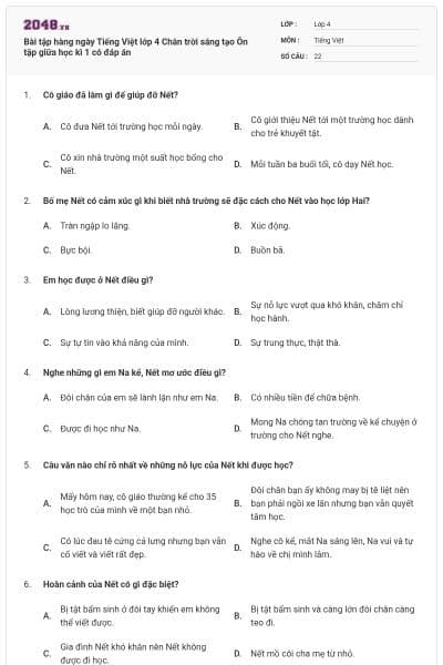 Bài tập hàng ngày Tiếng Việt lớp 4 Chân trời sáng tạo Ôn tập giữa học kì 1 có đáp án