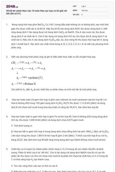 38 Đề thi chính thức vào 10 môn Hóa cực hay có lời giải chi tiết (Đề số 01)