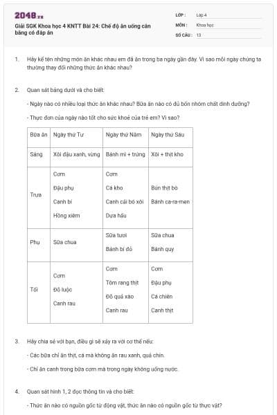 Giải SGK Khoa học 4 KNTT Bài 24: Chế độ ăn uống cân bằng có đáp án