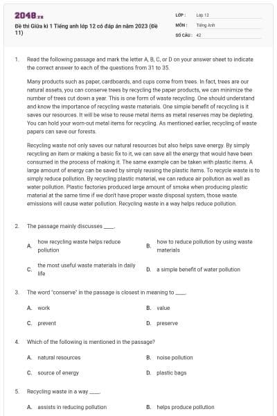 Đề thi Giữa kì 1 Tiếng anh lớp 12 có đáp án năm 2023 (Đề 11)