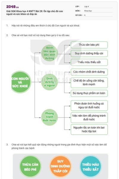 Giải SGK Khoa học 4 KNTT Bài 28: Ôn tập chủ đề con người và sức khỏe có đáp án