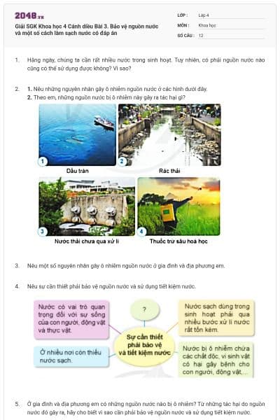 Giải SGK Khoa học 4 Cánh diều Bài 3. Bảo vệ nguồn nước và một số cách làm sạch nước có đáp án