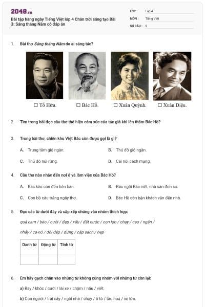 Bài tập hàng ngày Tiếng Việt lớp 4 Chân trời sáng tạo Bài 3: Sáng tháng Năm có đáp án