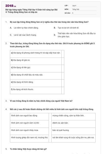 Bài tập hàng ngày Tiếng Việt lớp 4 Chân trời sáng tạo Bài 4: Trống đồng Đông Sơn có đáp án