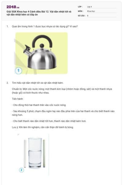 Giải SGK Khoa học 4 Cánh diều Bài 12. Vật dẫn nhiệt tốt và vật dẫn nhiệt kém có đáp án