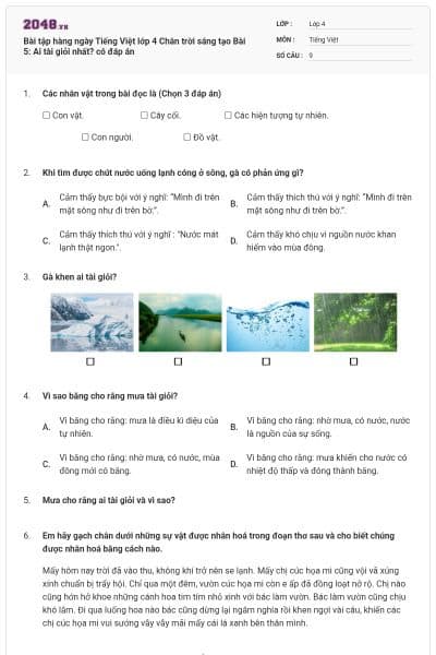 Bài tập hàng ngày Tiếng Việt lớp 4 Chân trời sáng tạo Bài 5: Ai tài giỏi nhất? có đáp án