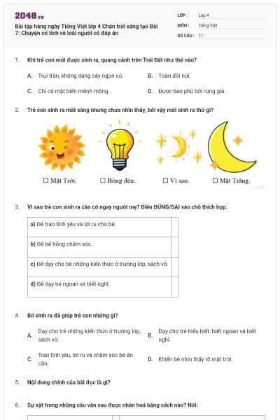 Bài tập hàng ngày Tiếng Việt lớp 4 Chân trời sáng tạo Bài 7: Chuyện cổ tích về loài người có đáp án