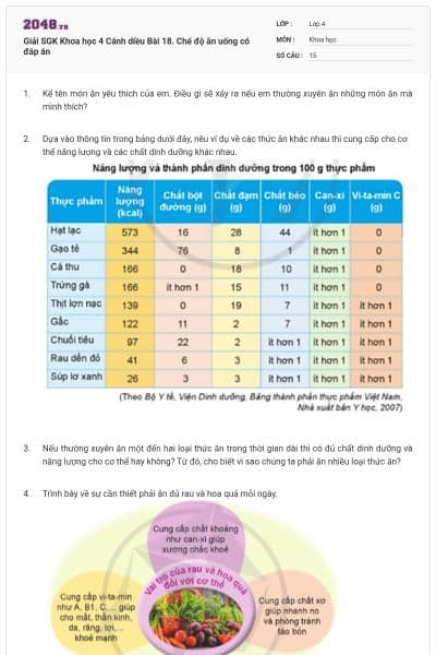 Giải SGK Khoa học 4 Cánh diều Bài 18. Chế độ ăn uống có đáp án