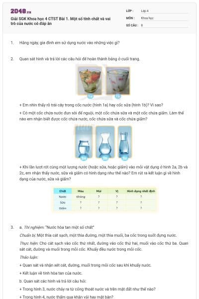 Giải SGK Khoa học 4 CTST Bài 1. Một số tính chất và vai trò của nước có đáp án