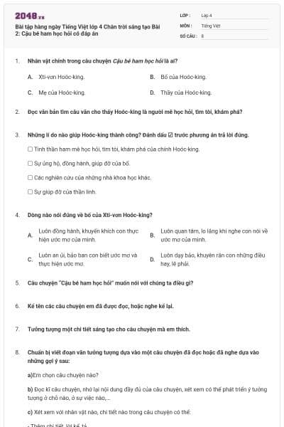 Bài tập hàng ngày Tiếng Việt lớp 4 Chân trời sáng tạo Bài 2: Cậu bé ham học hỏi có đáp án
