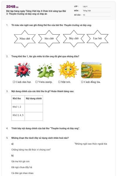 Bài tập hàng ngày Tiếng Việt lớp 4 Chân trời sáng tạo Bài 3: Thuyền trưởng và bầy ong có đáp án