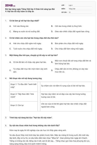 Bài tập hàng ngày Tiếng Việt lớp 4 Chân trời sáng tạo Bài 4: Hạt táo đã nảy mầm có đáp án