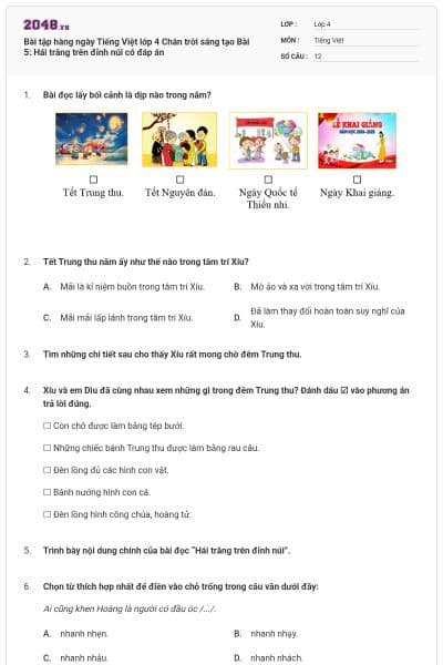 Bài tập hàng ngày Tiếng Việt lớp 4 Chân trời sáng tạo Bài 5: Hái trăng trên đỉnh núi có đáp án