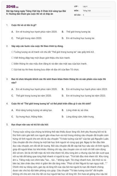 Bài tập hàng ngày Tiếng Việt lớp 4 Chân trời sáng tạo Bài 6: Hướng dẫn tham gia cuộc thi vẽ có đáp án