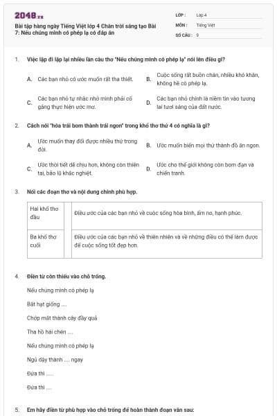 Bài tập hàng ngày Tiếng Việt lớp 4 Chân trời sáng tạo Bài 7: Nếu chúng mình có phép lạ có đáp án