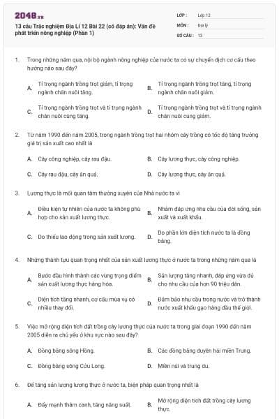 13 câu Trắc nghiệm Địa Lí 12 Bài 22 (có đáp án): Vấn đề phát triển nông nghiệp (Phần 1)