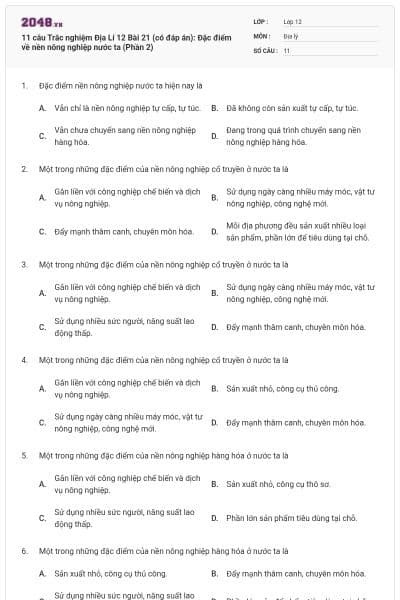 11 câu Trắc nghiệm Địa Lí 12 Bài 21 (có đáp án): Đặc điểm về nền nông nghiệp nước ta (Phần 2)