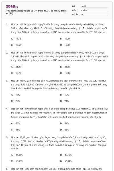 100 bài toán hay và khó về (H+ trong NO3-) có khí H2 thoát ra (P1)