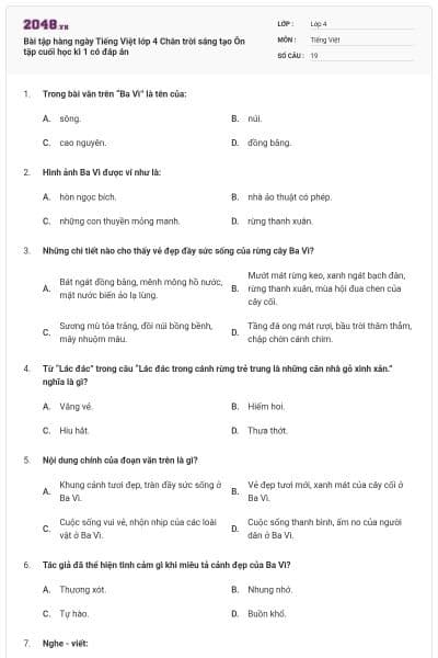 Bài tập hàng ngày Tiếng Việt lớp 4 Chân trời sáng tạo Ôn tập cuối học kì 1 có đáp án