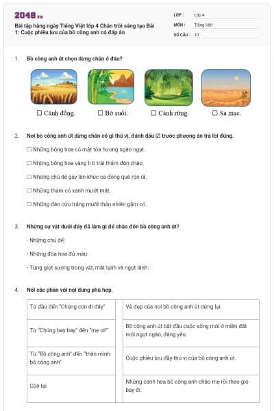 Bài tập hàng ngày Tiếng Việt lớp 4 Chân trời sáng tạo Bài 1: Cuộc phiêu lưu của bồ công anh có đáp án