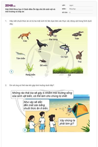 Giải SGK Khoa học 4 Cánh diều Ôn tập chủ đề sinh vật và môi trường có đáp án