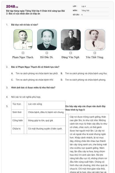 Bài tập hàng ngày Tiếng Việt lớp 4 Chân trời sáng tạo Bài 2: Bác sĩ của nhân dân có đáp án