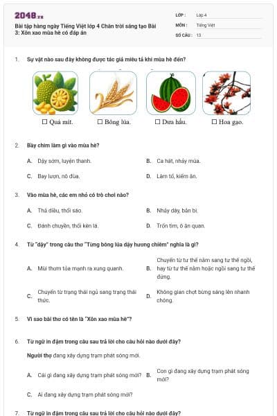 Bài tập hàng ngày Tiếng Việt lớp 4 Chân trời sáng tạo Bài 3: Xôn xao mùa hè có đáp án