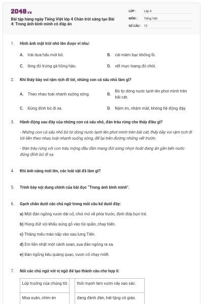 Bài tập hàng ngày Tiếng Việt lớp 4 Chân trời sáng tạo Bài 4: Trong ánh bình minh có đáp án