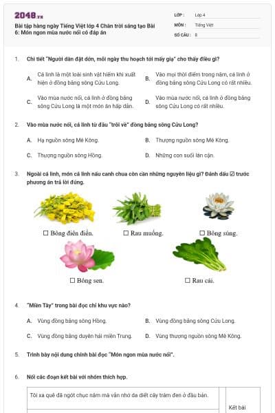 Bài tập hàng ngày Tiếng Việt lớp 4 Chân trời sáng tạo Bài 6: Món ngon mùa nước nổi có đáp án