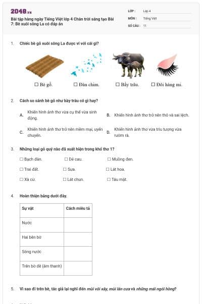 Bài tập hàng ngày Tiếng Việt lớp 4 Chân trời sáng tạo Bài 7: Bè xuôi sông La có đáp án