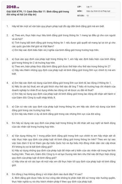 Giải SGK KTPL 11 Cánh Diều Bài 11: Bình đẳng giới trong đời sống xã hội (có đáp án)