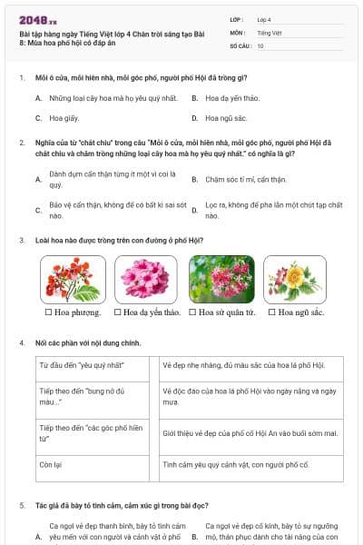 Bài tập hàng ngày Tiếng Việt lớp 4 Chân trời sáng tạo Bài 8: Mùa hoa phố hội có đáp án