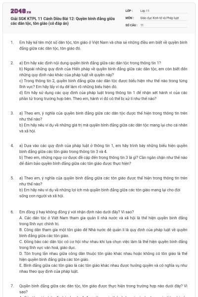 Giải SGK KTPL 11 Cánh Diều Bài 12: Quyền bình đẳng giữa các dân tộc, tôn giáo (có đáp án)