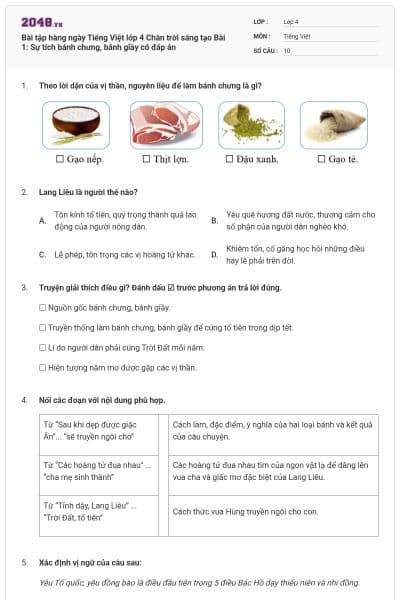 Bài tập hàng ngày Tiếng Việt lớp 4 Chân trời sáng tạo Bài 1: Sự tích bánh chưng, bánh giầy có đáp án