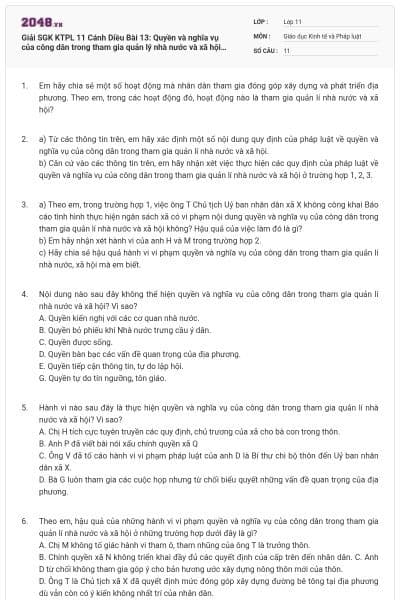 Giải SGK KTPL 11 Cánh Diều Bài 13: Quyền và nghĩa vụ của công dân trong tham gia quản lý nhà nước và xã hội (có đáp án)
