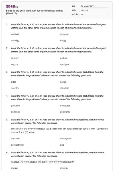 Bộ đề thi thử 2019 Tiếng Anh cực hay có lời giải chi tiết (Đề số 17)