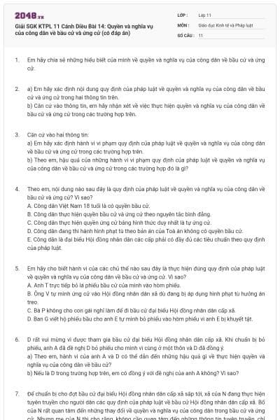 Giải SGK KTPL 11 Cánh Diều Bài 14: Quyền và nghĩa vụ của công dân về bầu cử và ứng cử (có đáp án)