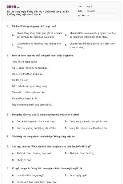 Bài tập hàng ngày Tiếng Việt lớp 4 Chân trời sáng tạo Bài 3: Dòng sông mặc áo có đáp án