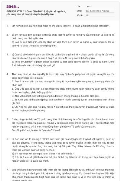Giải SGK KTPL 11 Cánh Diều Bài 16: Quyền và nghĩa vụ của công dân về bảo vệ tổ quốc (có đáp án)
