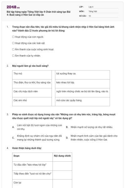 Bài tập hàng ngày Tiếng Việt lớp 4 Chân trời sáng tạo Bài 4: Buổi sáng ở Hòn Gai có đáp án