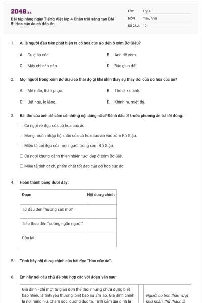 Bài tập hàng ngày Tiếng Việt lớp 4 Chân trời sáng tạo Bài 5: Hoa cúc áo có đáp án