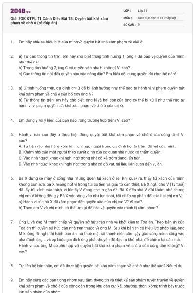 Giải SGK KTPL 11 Cánh Diều Bài 18: Quyền bất khả xâm phạm về chỗ ở (có đáp án)