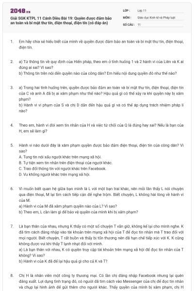 Giải SGK KTPL 11 Cánh Diều Bài 19: Quyền được đảm bảo an toàn và bí mật thư tín, điện thoại, điện tín (có đáp án)