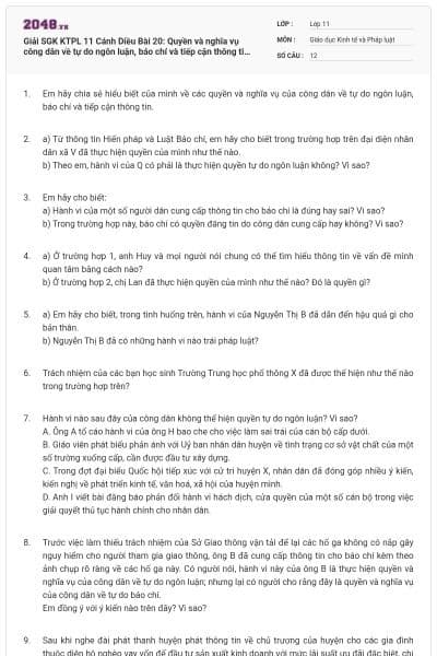 Giải SGK KTPL 11 Cánh Diều Bài 20: Quyền và nghĩa vụ công dân về tự do ngôn luận, báo chí và tiếp cận thông tin (có đáp án)
