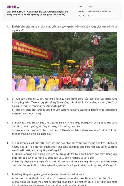 Giải SGK KTPL 11 Cánh Diều Bài 21: Quyền và nghĩa vụ công dân về tự do tín ngưỡng và tôn giáo (có đáp án)