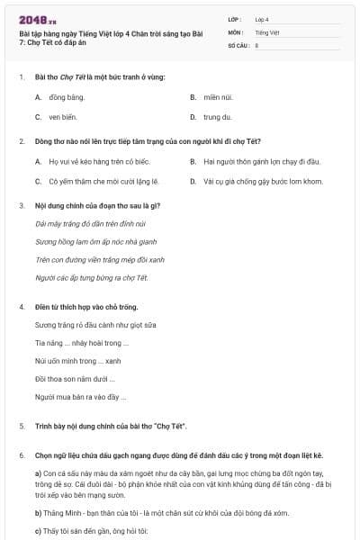 Bài tập hàng ngày Tiếng Việt lớp 4 Chân trời sáng tạo Bài 7: Chợ Tết có đáp án